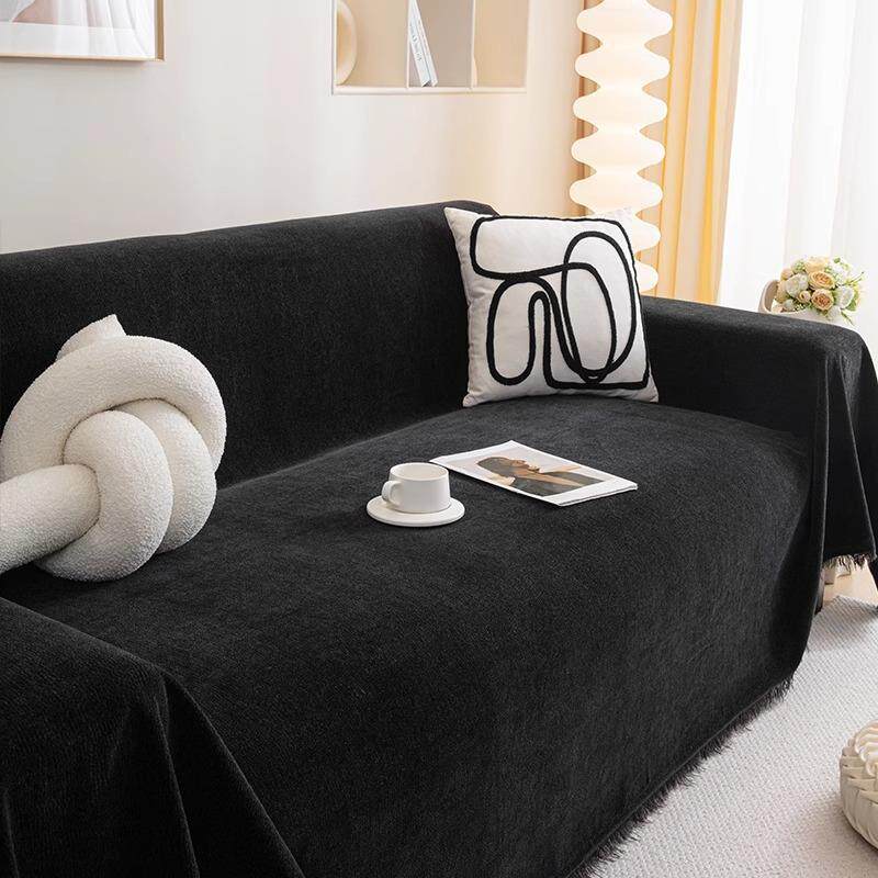 雪尼尔黑色沙发巾加厚四季通用高级感2025新款沙发套罩全盖布毯子