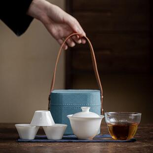 正品景德镇陶客源羊脂玉白瓷盖碗三杯公道杯旅行茶具套装便携式快