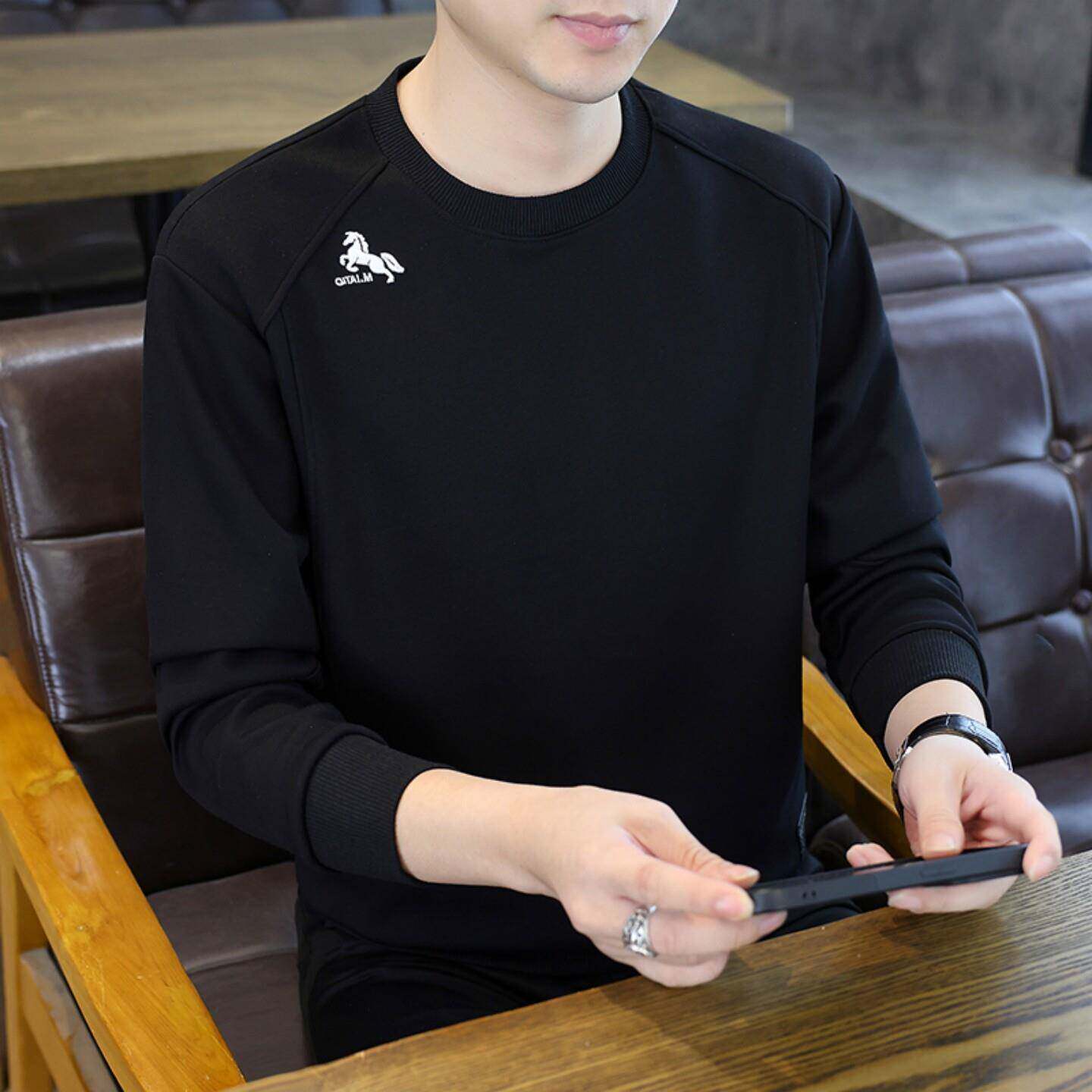 圆领卫衣男春秋季黑色宽松休闲刺绣男士长袖T恤无帽薄款打底衫潮