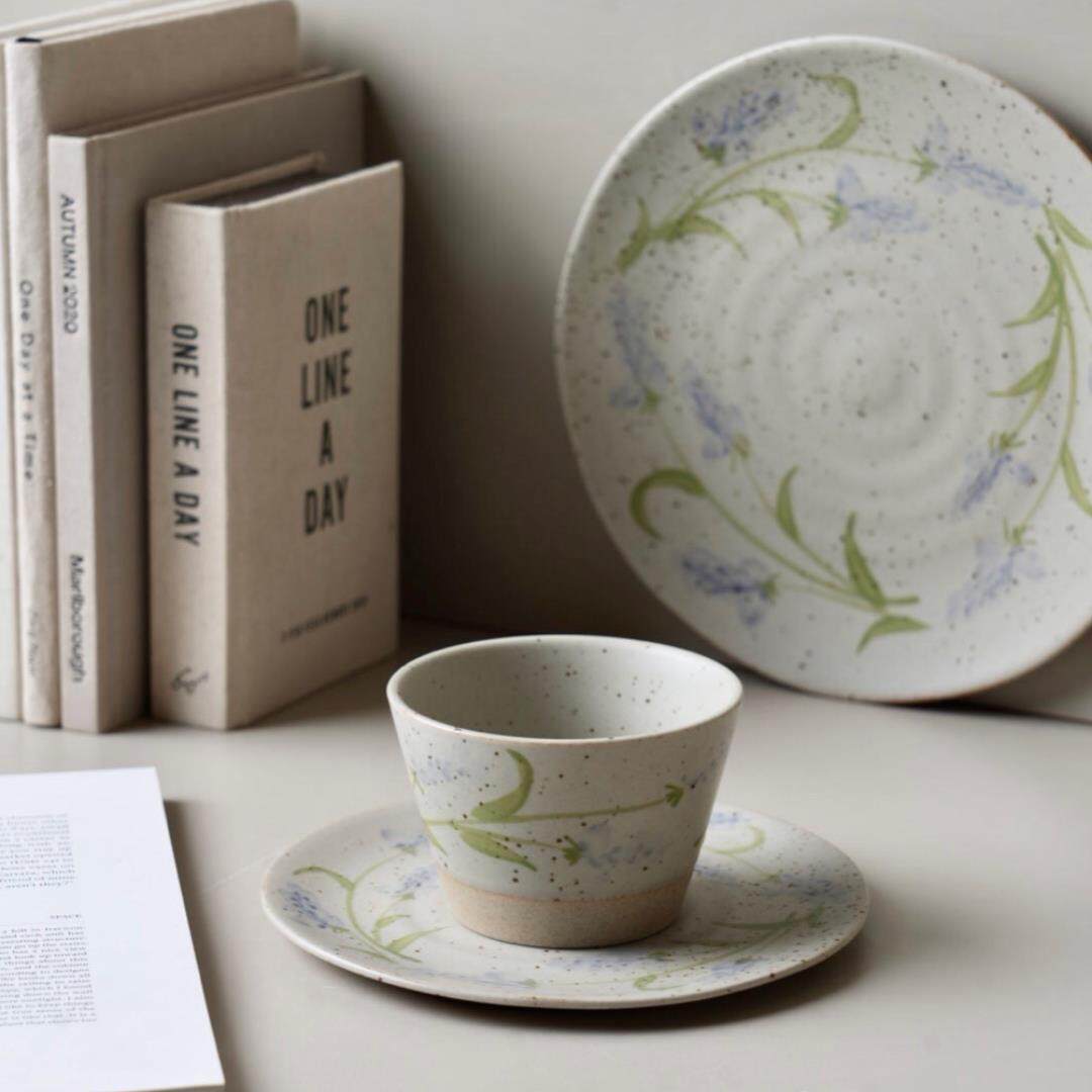 粗陶青花手绘薰衣草猪口杯咖啡拉花杯创意家用下午茶餐盘复古