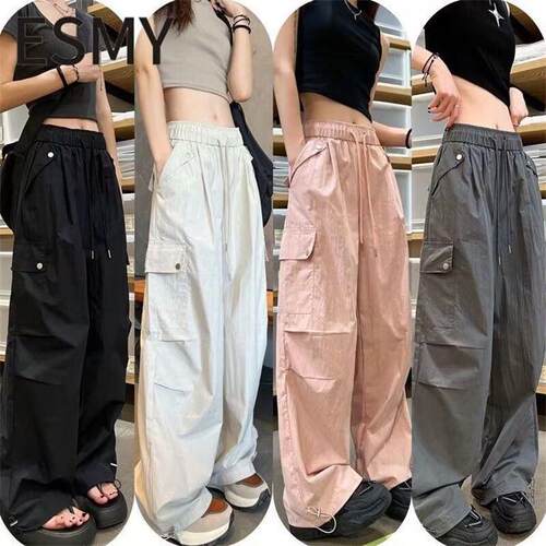 Women Plain Flap Pocket Button Front Cargo Pants Casual