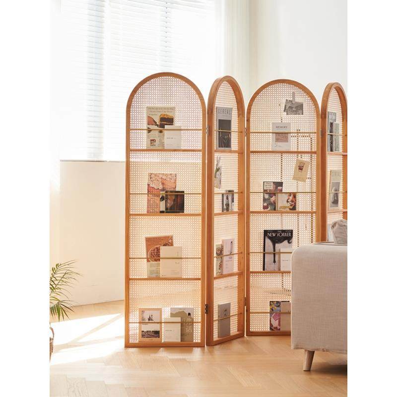 日式藤编屏风隔断客厅实木折叠可移动小户型遮挡入户简约杂志书架
