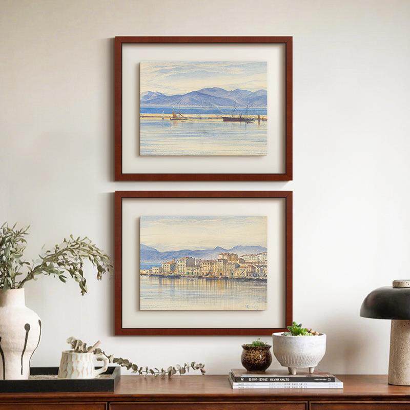 镜海》蓝色水彩风景画南法风复古艺术客厅装饰画法式餐厅玄关挂画