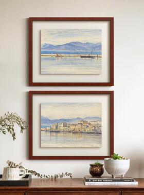 镜海》蓝色水彩风景画南法风复古艺术客厅装饰画法式餐厅玄关挂画