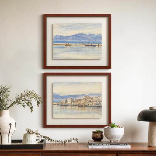 镜海》蓝色水彩风景画南法风复古艺术客厅装饰画法式餐厅玄关挂画
