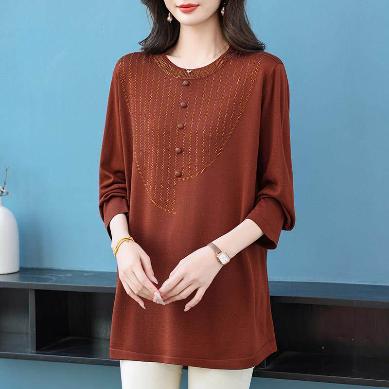 妈妈春秋时尚冰丝针织衫中长款加大码上衣宽松遮肉洋气长袖T恤女