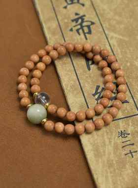 2026檀香玉石双圈手串女diy小众设计黄杨木花朵搭绿菩提手链佛珠