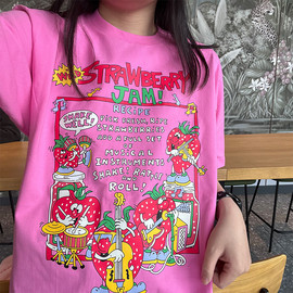 马克先生和天使娜娜草莓音乐节印花玫，红色220g棉日系少女t恤短袖