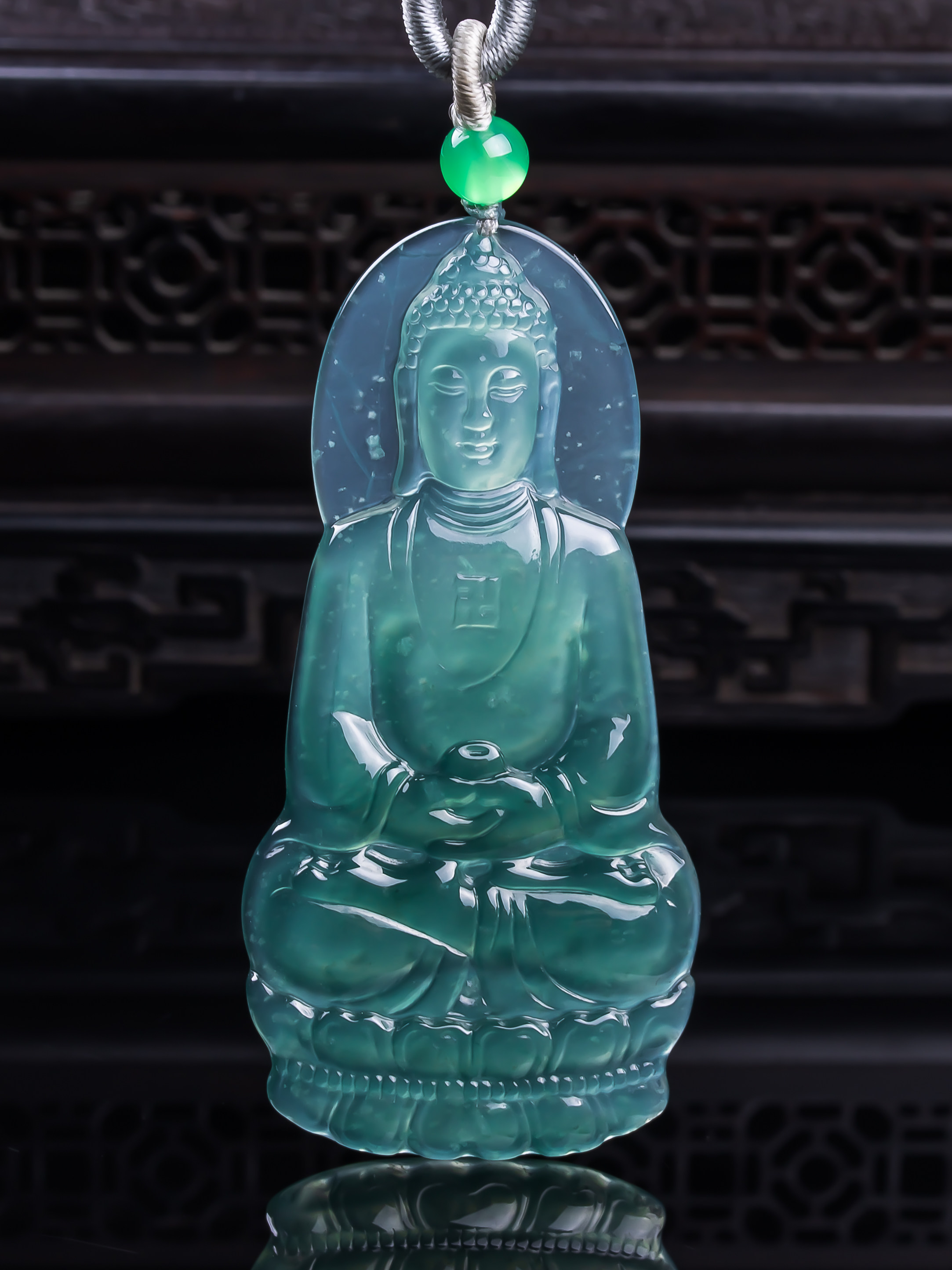 天然真品翡翠冰种蓝水天空蓝高端精品闪拍大日如来玉石吊坠15.38g