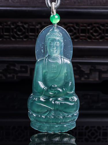 天然真品翡翠冰种蓝水天空蓝高端精品闪拍大日如来玉石吊坠15.38g