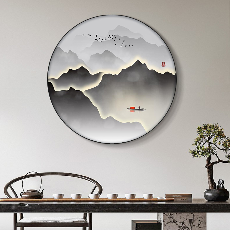 新中式圆形装饰画客厅玄关挂画水墨山水画沙发背景墙画餐厅茶室画