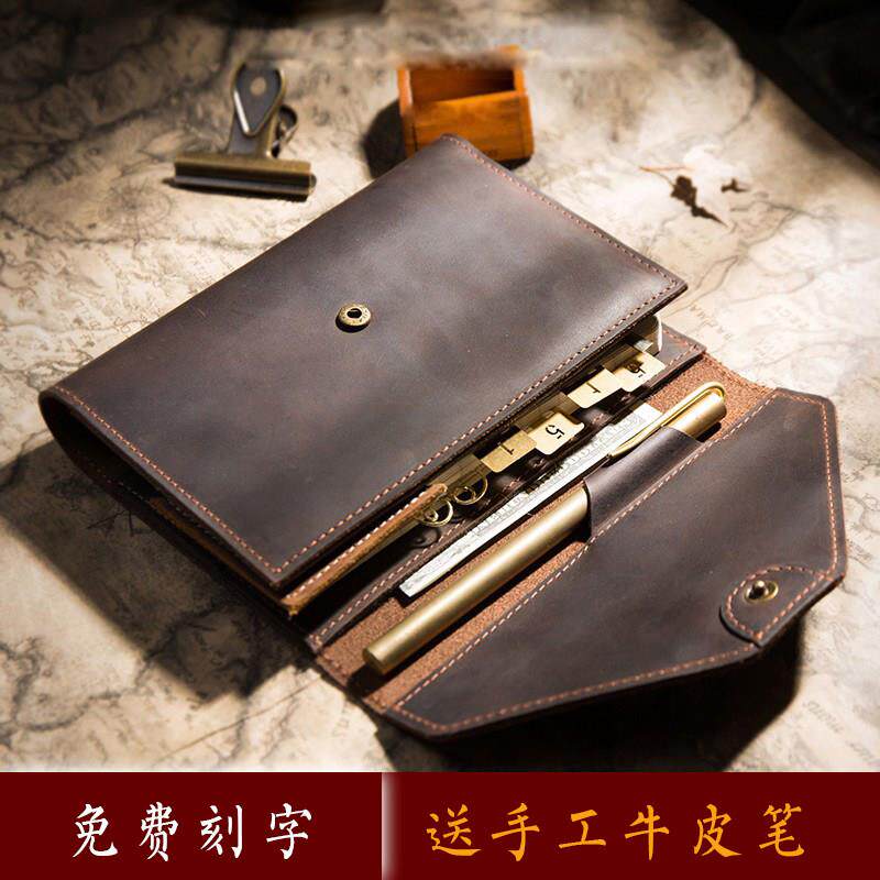 手工覆古牛皮本 三折活页夹手账本多功能旅行日记本真皮记事本A6