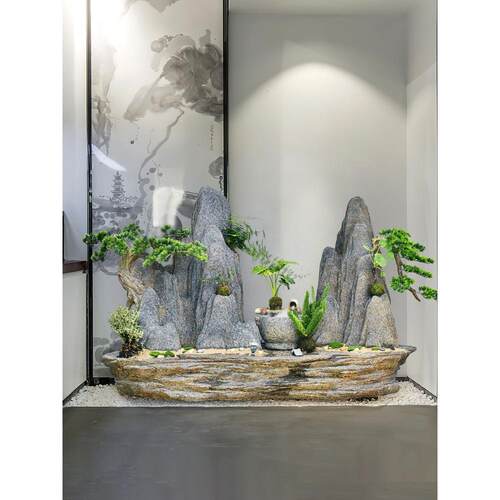 中石假XJB山装流水摆件庭院饰落地喷泉槽水式池仿真石头造景松树
