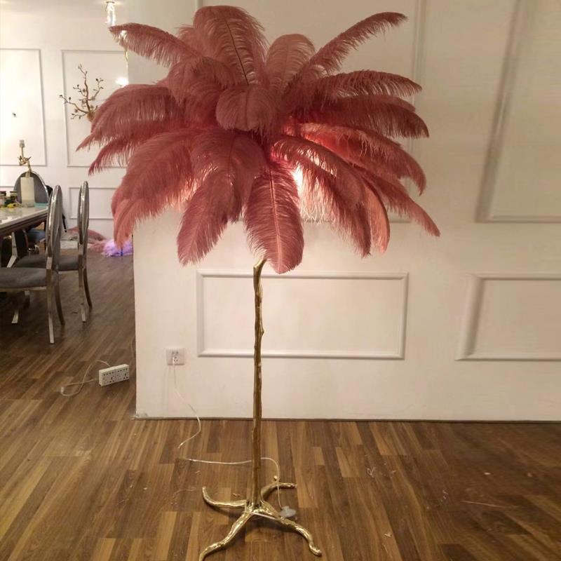 新款美式奢华全背景羽毛落地灯网卧室床红头灯铜公主客厅灯树枝台