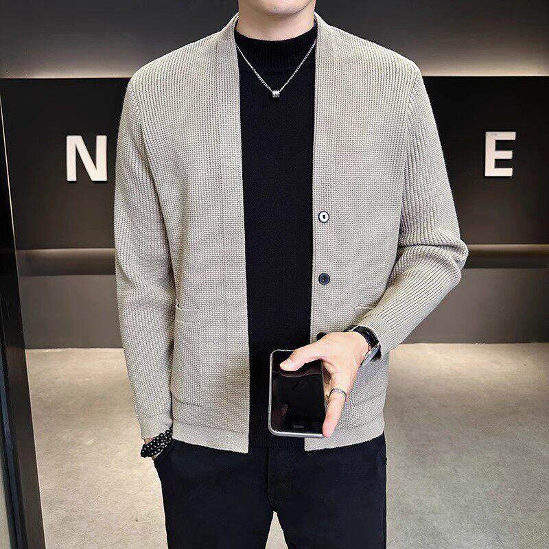 潮牌针织开衫男款春秋季薄款商务休闲修身v领毛衣外套高级感男装