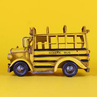 古校车汽车铁模QC111型铁皮老爷车摄影道具家居软装 饰复品巴艺士