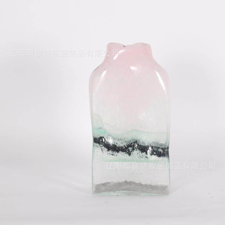 透清新小水培明水吹炸口制器粉色玻璃插花北欧创意器皿花瓶纹扁