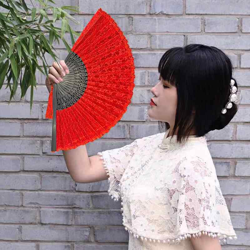 7寸黑色蕾丝中国风古典女扇子24cm古风折扇镂空日式和风竹扇夏季