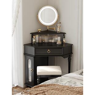 小型实木转角梳妆台60CM卧室法式 覆古风三角化妆桌拐角收纳柜一体