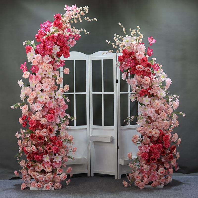 婚庆道具粉色牛角拱门成品路引花艺舞台背景仿真花排交车仪式布置