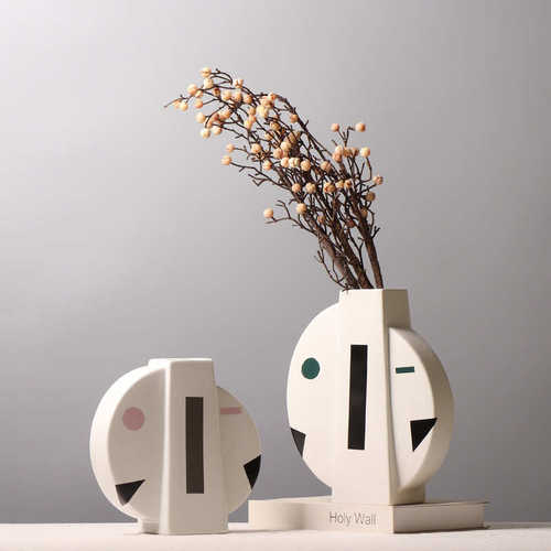 现代简约陶瓷扁瓶 样板房创意插花花瓶 酒柜橱柜抽象人脸装饰摆件
