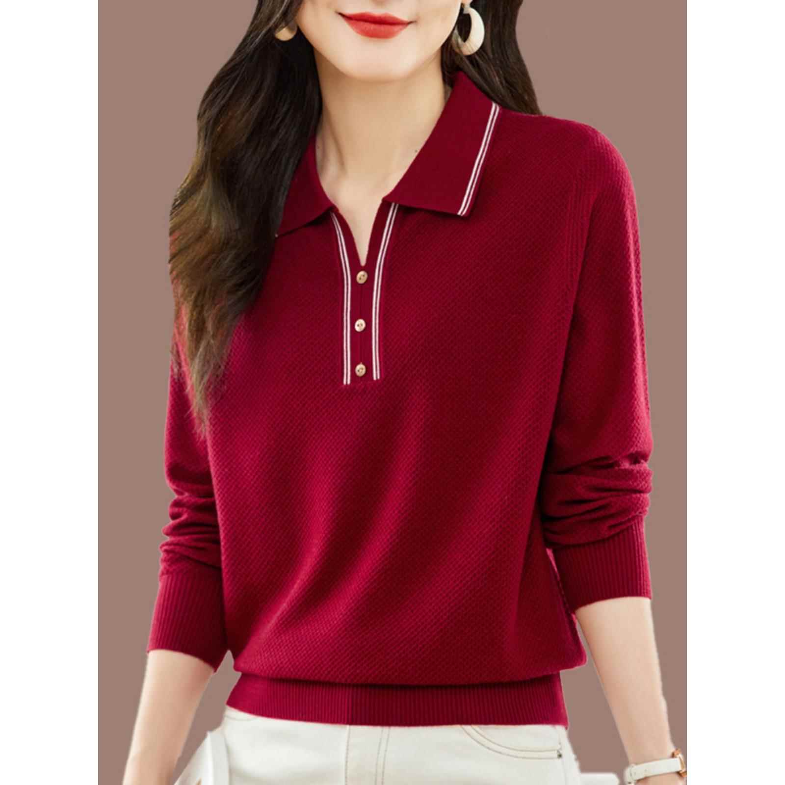 中年妈妈装Polo领长袖t恤女春秋爆款时尚气质真丝针织上衣打底衫