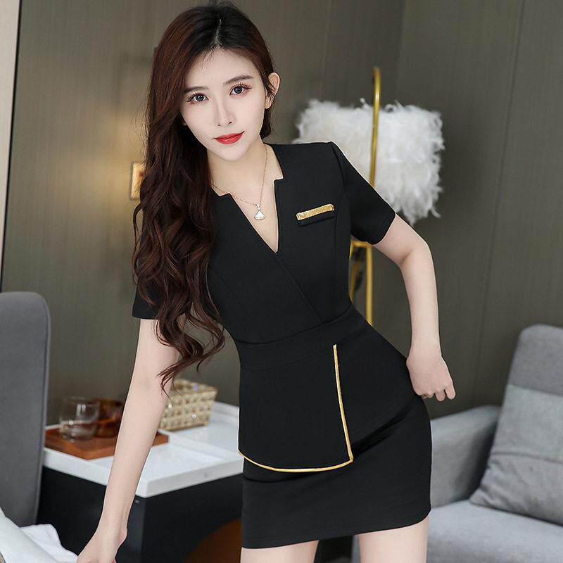 美容院工作服美容师遮肚性感短袖套装包裙按摩技师服足浴店工装女