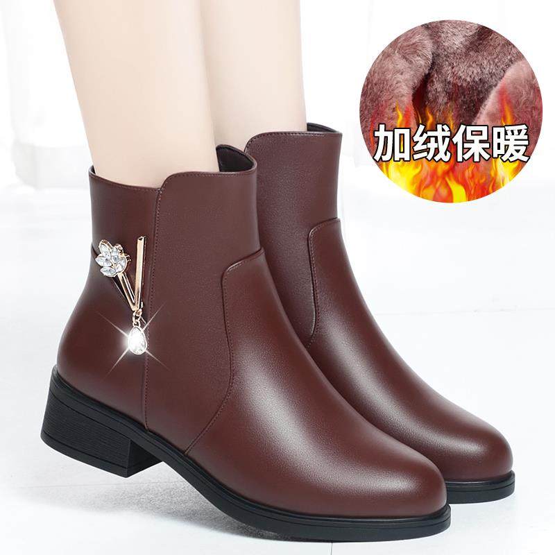正品妈妈靴女式春老秋单筒靴中跟厚跟底真皮中年皮鞋秋软冬丝绒棉