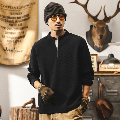 美式复古400g重磅欧棉绒华夫格长袖T恤男秋款半拉链硬汉帅气上衣