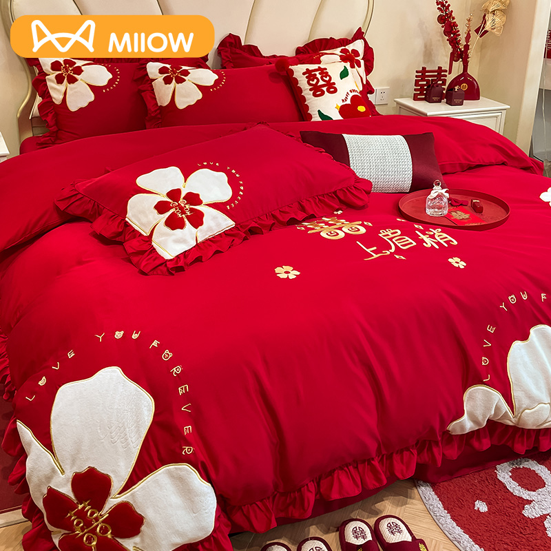 热销9n被新中式刺绣结婚四件套长绒棉大红色被套婚庆喜婚嫁陪嫁床