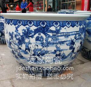 景德镇陶瓷特大鱼缸/手绘青花百子图鱼缸/睡莲缸/书画缸/特价