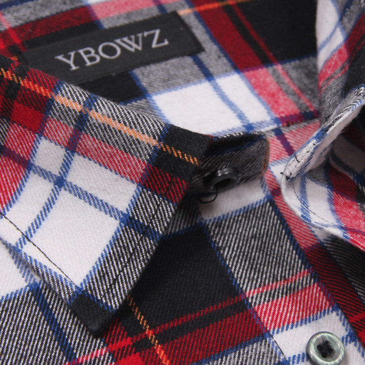 春新款中年男士纯棉免烫红白格子衬衫男长袖磨毛舒适休闲全棉衬衣