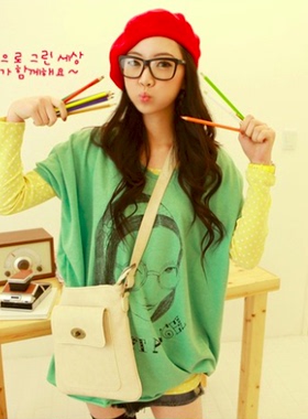 韩国QNG Qnigirls绿色人物大头像宽松百搭长款T恤小众网红款