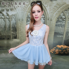 New ladies light blue hue of pink doll summer 2015 spelled Bai Lei shirts silk sleeveless lace chiffon shirt