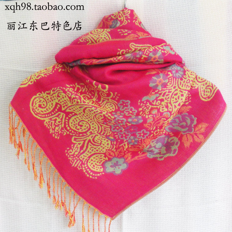 云南丽江民族风围巾披肩樱花玫瑰长巾双面双色多变东巴系列围巾
