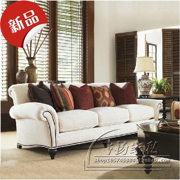 美式沙发、美式乡村家具、简约欧式地中海混搭布艺三人沙发、