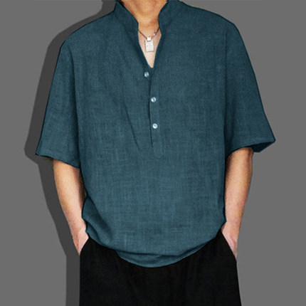 夏季薄凉衣服短袖t恤男士商务潮大码宽松休闲夏装棉麻上衣肥佬