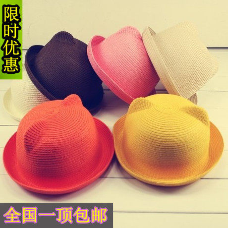 韩版宋茜猫耳朵草帽夏季女士草帽遮阳帽夏天儿童礼帽小熊亲子帽子