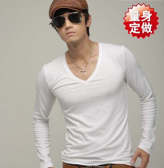 春秋韩版男士白色大V领修身长袖T恤鸡心领长袖商务时尚纯色打底衫
