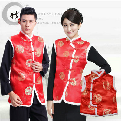 喜庆唐装男女马甲坎 新年全家福 大红亲子唐装马夹 摄影 舞台服