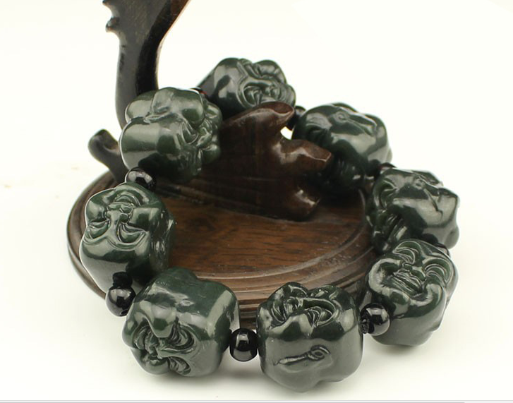 【厂家直销】正品天然新疆和田青玉手链弥勒佛双面佛头玉石手