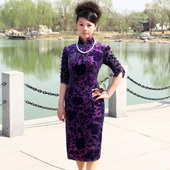 敬酒真丝旗袍 红影旗袍定制 紫色真丝绒旗袍 晚会 礼服 改良 时尚