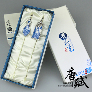 青花瓷牡丹京剧脸谱陶瓷对装书签/中国风出国留学送老外工艺礼品