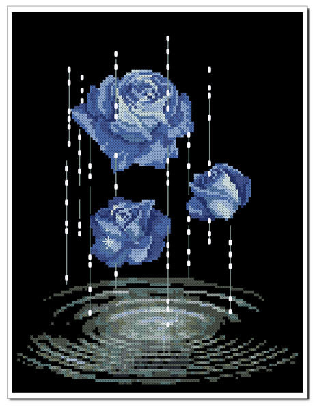 胡丽丽十字绣●法国dmc套件 雨中蓝玫瑰 有3d 5d 精准印布印花