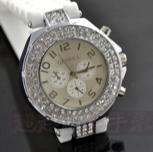 外贸 情侣手表双排钻 geneva三眼硅胶手表 日内瓦手表