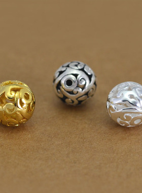 S925纯银泰银祥瑞镂空圆球隔珠吊坠 DIY佛珠水晶手链项链饰品配件