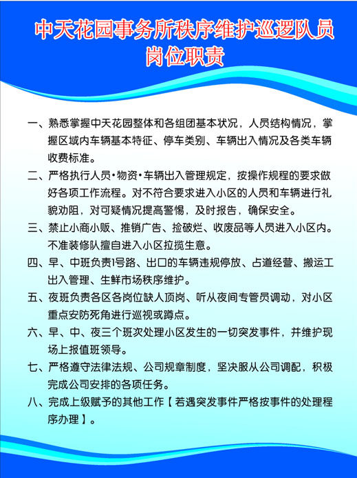 645海报印制海报展板素材774社区事务所秩序维护巡逻队员岗位职责