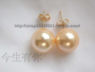 今生有你漂亮的12mm金色贝珠耳钉14k包金耳饰女简约百搭时尚包邮