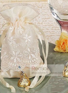 RedBox婚礼用品 喜糖包装 米色绣花蕾丝喜糖袋 婚庆用品 12个