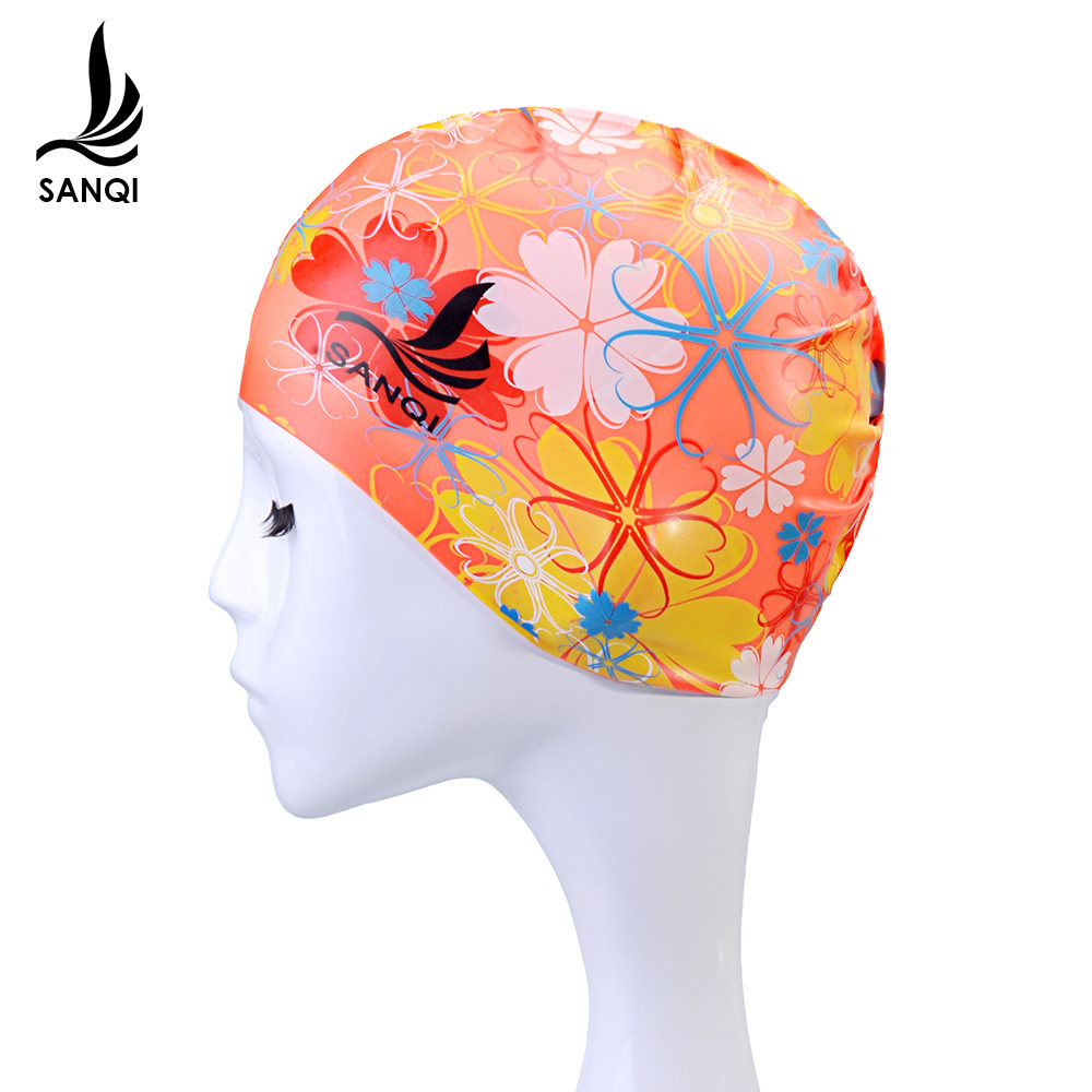 橘色护耳舒适女性泳帽时尚硅胶防水游泳池专业长头发大弹力黄花色